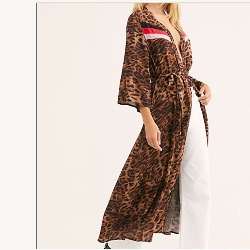 Free People x NFC Leopard Stripe Belt Waist Tie Duster Kimono Maxi One Size - Picture 5 of 12